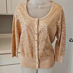 NWT White House Black Market Cardigan Sweater Gold Accents Stretch Fabric Sz.M